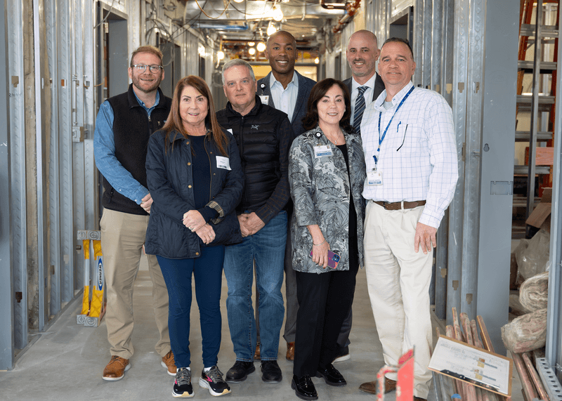 Photos from walk thru of York Hospital Mental Health expansion construction with Key donors John & Maria Polli.
LtoR: Matt Lane, Maria Polli, John Polli, Harvey Green, Vicky Diamond, Matt Beecy, Greg Markel.